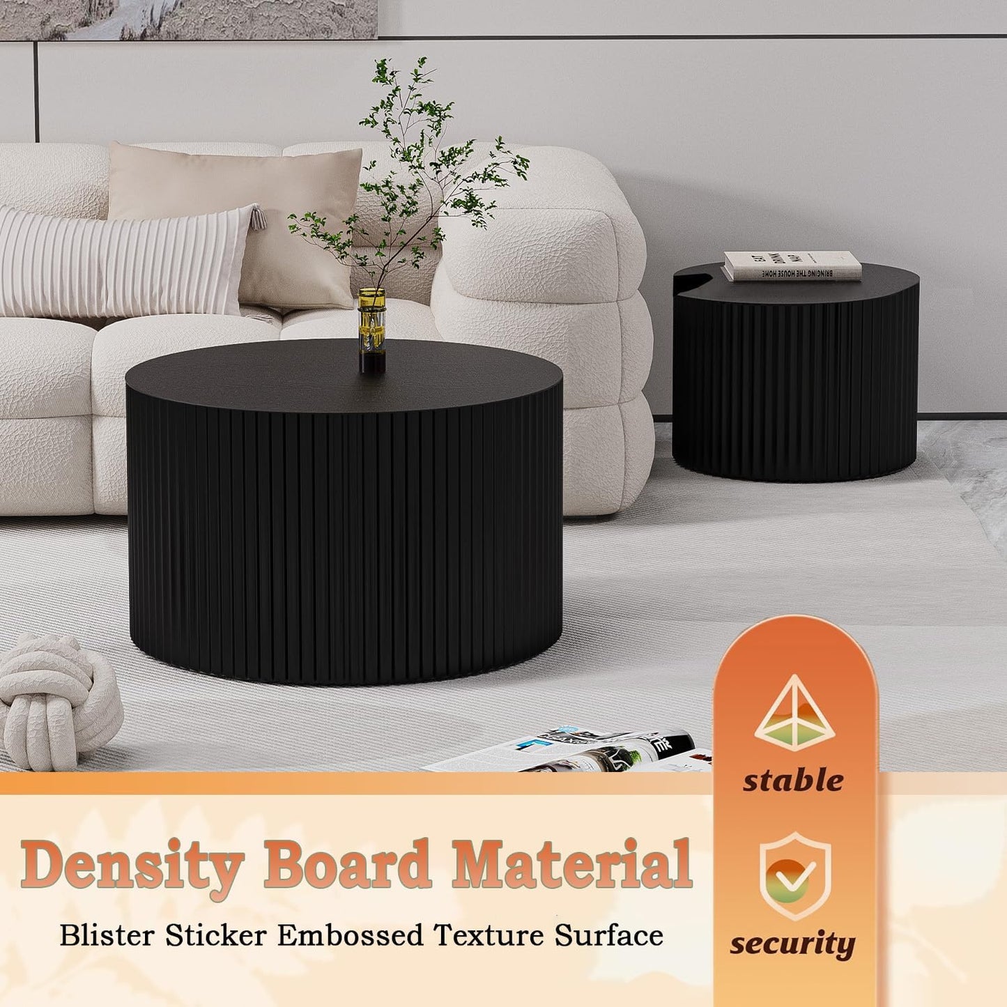 Round Nesting Coffee Table Modern Fluted Coffee Table Set of 2 Circle Drum Coffee Tables Small Round Accent Side End Table for Living Room No Assembly (Black B 27in)