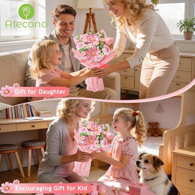 Alecono Crochet Flower Bouquet, Pink Handmade Knitted Flowers, Crochet Tulips Galsang Flower for Mother's Day Anniversary Birthday Graduation Lover Valentines Day Gifts (with Card)