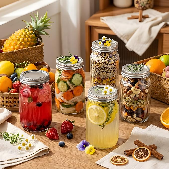 Rubtlamp Clear Mason jar 32 oz, 12 Mixed Pack Glass Jars - Wide Mouth Mason Jars with Airtight Lids for Pickling, Fermenting, Food Storage&DIY Crafts, Microwave & Dishwasher Safe