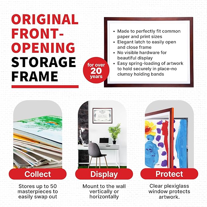 Dynamic Frames Li’l Davinci Art Cabinet, Stores up to 50 Pieces of 18 x 24 inch Art, Outer Wooden Frame Dimensions 20.88 x 26.88 inches, Kids Art Frame, Front Opening, Universal Hanging, Cherry