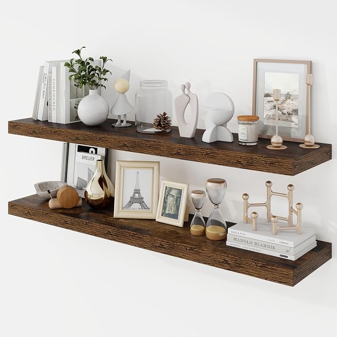 Acovy 40 Inch Floating Shelves, 9.3" Deep Floating Shelf Wall Mounted, 40" Wall Shelves, Rustic Deep Bookshelf, Large Display Shelves & Storage Shelves for Bedroom, Living Room, Brown, Set of 2