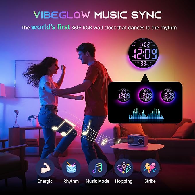 EASYERA 10" Large Digital Wall Clock with Remote Control, Music Sync RGB Atmosphere Light, Low-Reflectivity, Temperature, LED Display, Dual Alarms, BT Sync, Auto DST for Bedroom and Classroom