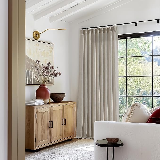60 Inch Width Curtains 92 Inches Long Linen Pinch Pleated Curtains for Living Room Bedroom Burlywood Birch Semi Sheer Back Tab Hooks Rings Extra Wide Pinch Pleat Drapes for Patio Glass Door 1 Panel