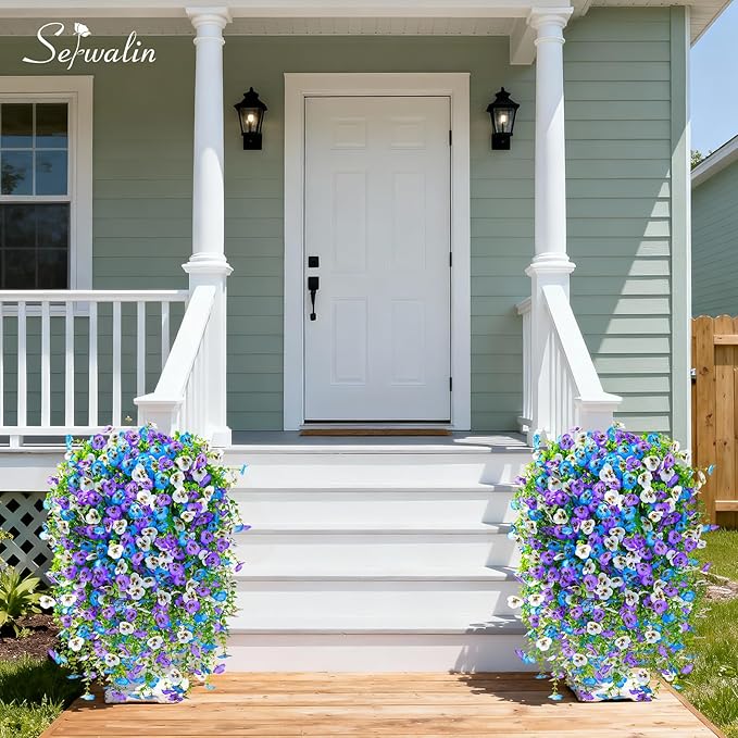 Serwalin Artificial Fake Hanging Flowers for Outdoors Planters,6PCS UV Resistant Faux Pansy Spring Flowers for Outside Porch Patio Garden Window Box (Blue Purple White)