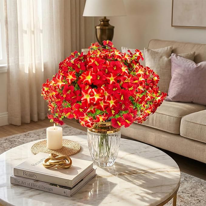 Daynight 32 Pcs Faux Petunias Artificial Flowers Plants for Outdoor Plant Decoration, UV Resistant Fake Petunias Realistic Silk Flowers for Porch Yard Garden Window Decor (32, Red)