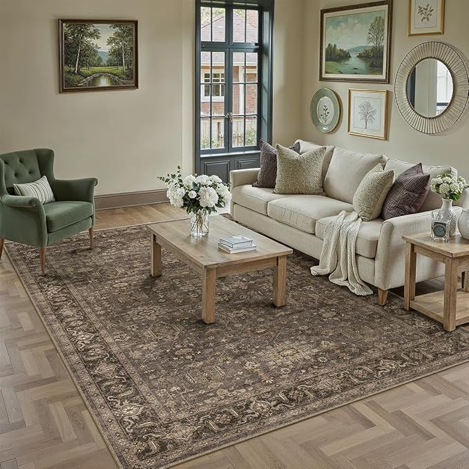 6x9 Washable Area Rug for Living Room Bedroom Vintage Brown Carpet Medium Pile Traditional Retro Non Slip Thicker Throw Rug for Dining Room Entryway Indoor Dorm Kitchen