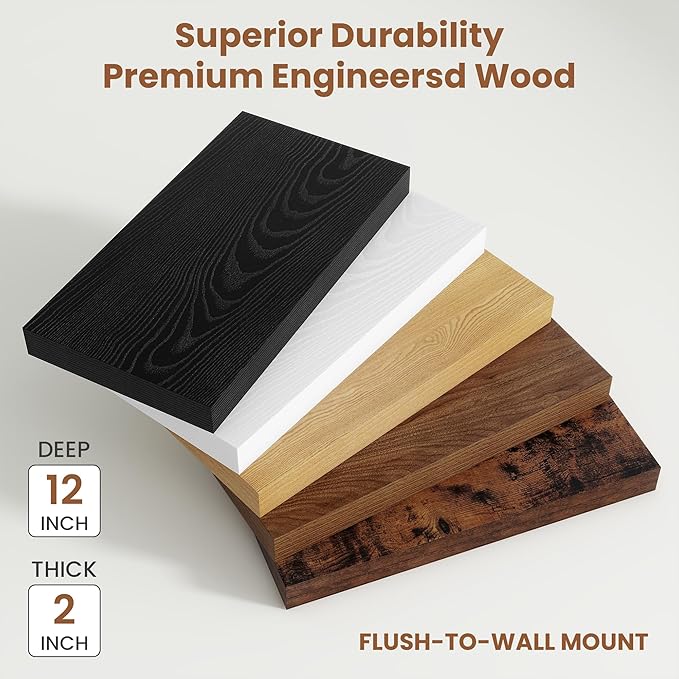 Vivelove 12 Inch Deep Floating Shelves 47.2 inch Long, 2 Inch Thick Wall Shelves with Invisible Brackets, Shelf for Bedroom Bathroom Living Room Kitchen Office Home Decor, Modern Shelf Set of 2, Oak