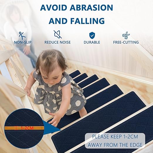 Stair Treads for Wooden Steps Indoor, 15 Pack 8" X 30" Non Slip Carpet Stair Treads with Reusable Adhesive for Kids Elders and Dogs, Surface Polyester TPR Backing Stair Rugs,Navy