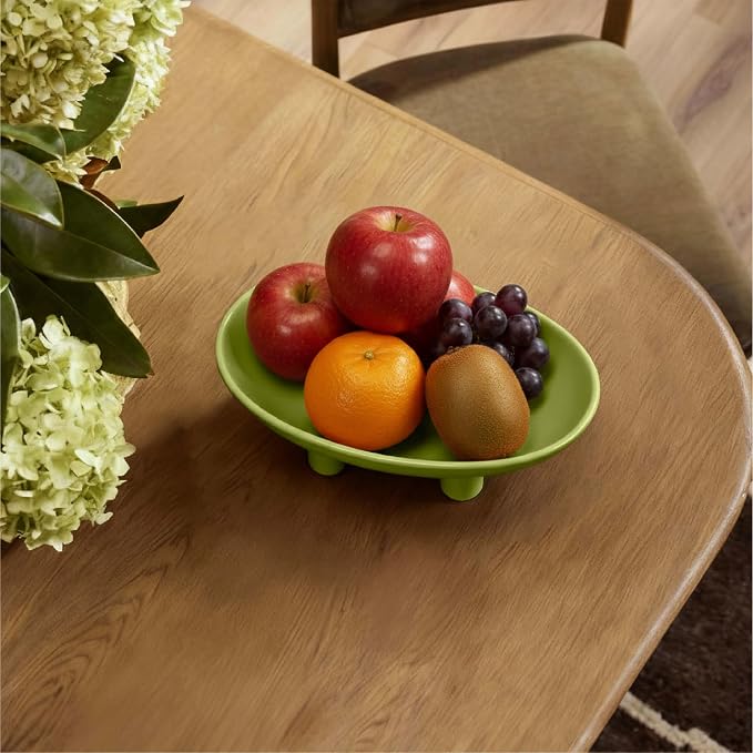 Three-Leg Ceramic Fruit Bowl, 10 Inch Oval Serving Dish for Kitchen Counter, Candy or Key Holder, Home Decor Accent Beige Green