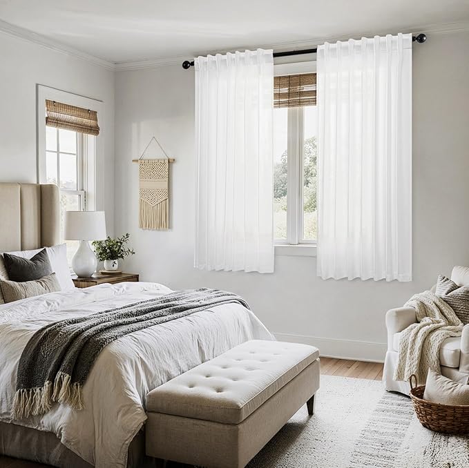 MIULEE White Linen Curtains Short 54 Inch Long 2 Panels for Kitchen Bedroom, Soft Thick Linen Textured Window Drapes Semi Sheer Light Filtering Back Tab Rod Pocket Burlap Look Decor