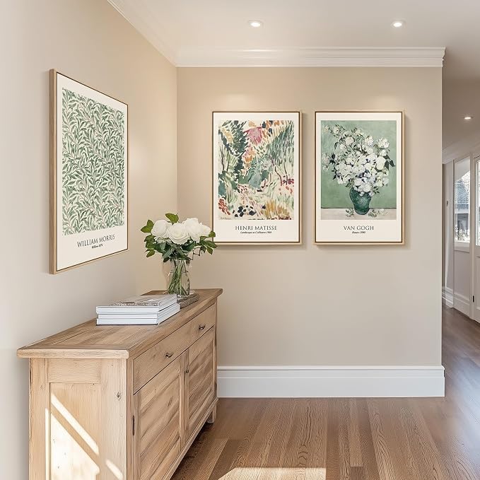 Framed Large Matisse Wall Art for Living Room, 3 Piece Vintage Sage Green Canvas Artwork for Walls, Botanical Floral Prints for Bedroom, Hallway, Home Office Decor, Total Size 30x60 Inches