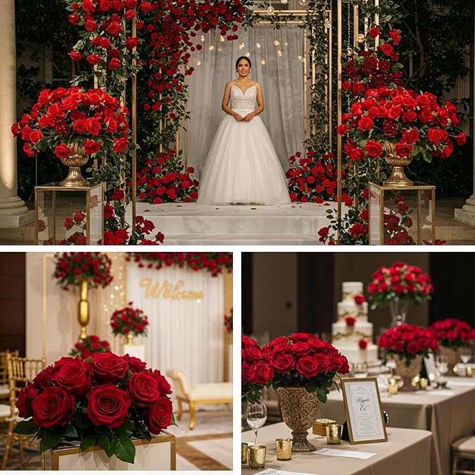 Auihiay 104pcs Red Roses Artificial Flowers - Realistic Faux Red Roses for Wedding, Table Centerpiece, Home Party, Valentine's Day, Mother's Day, Anniversary Decorations