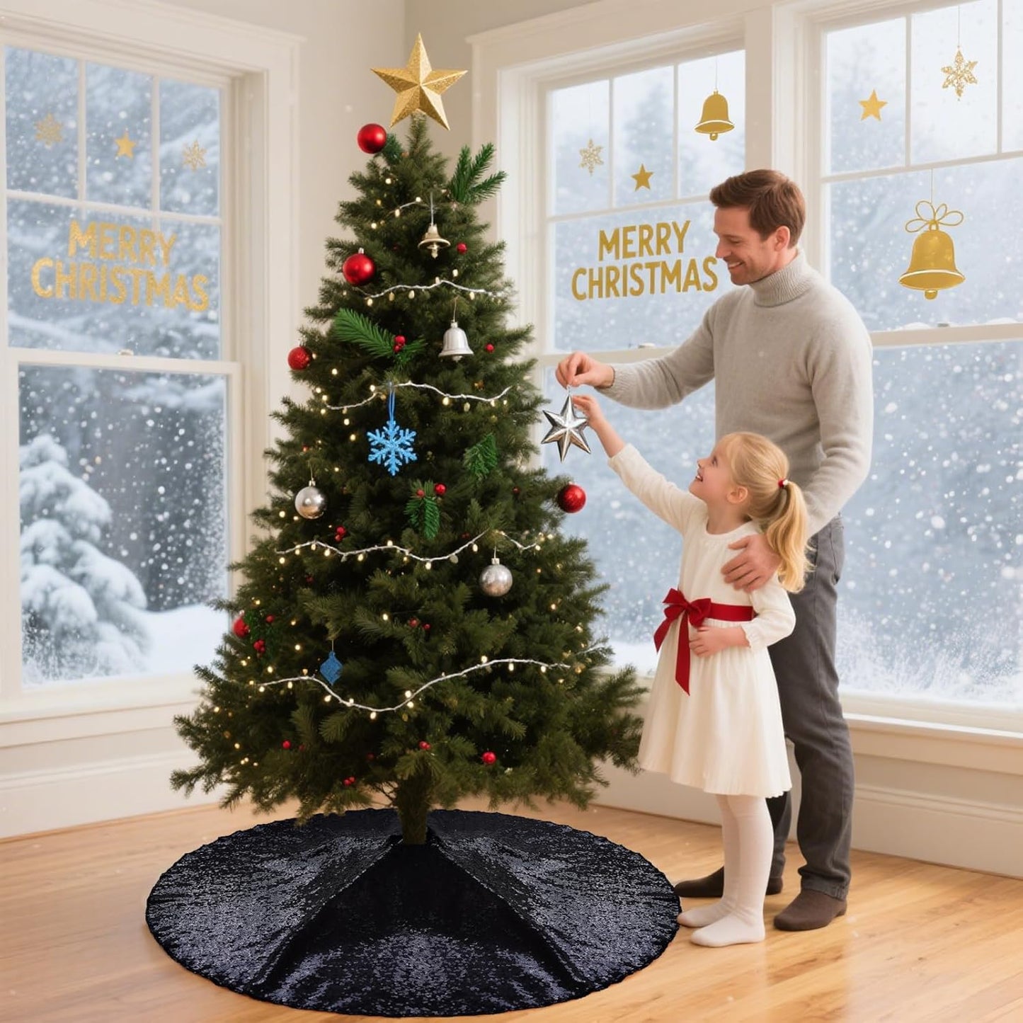 Eternal Beauty Christmas Tree Skirt, 70 Inch Black Halloween Sequin Tree Skirt Small Xmas Tree Skirt for Christmas Tree Decorations