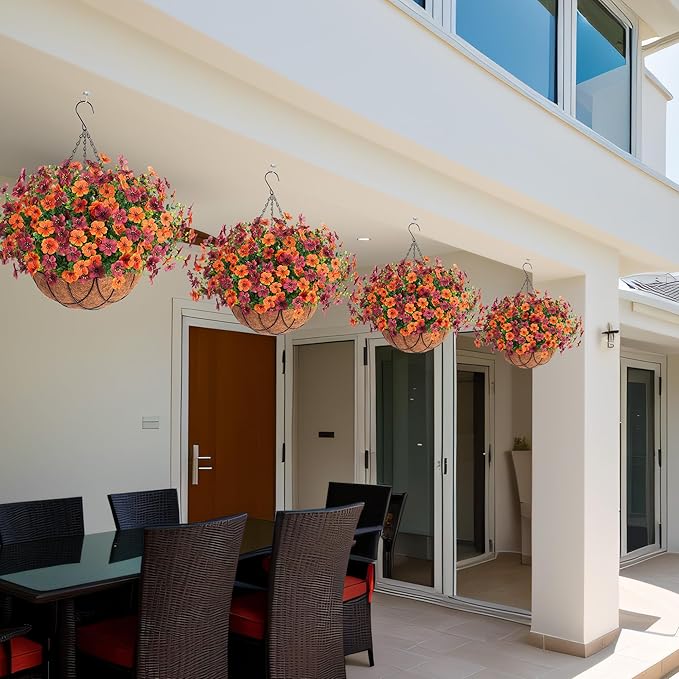 INXUGAO Artificial Silk Flowers Hanging Baskets for Outdoors Indoors, Daisy with Eucalyptus Leaves Arrangement for Garden Yard Decor, Faux Green Plant in Metal Coconut Lining Flowerpot(Orange Brown)