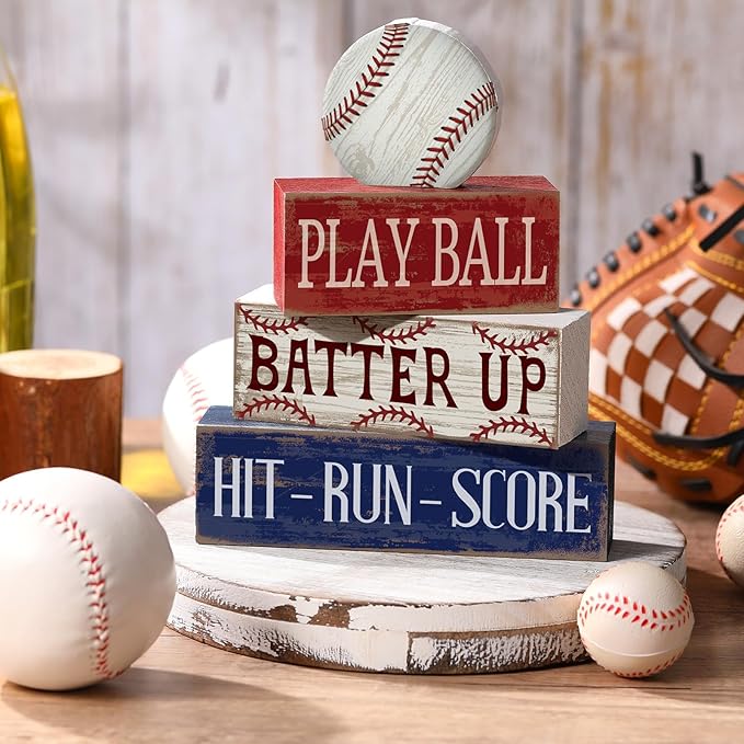 Yuntau 4 Pcs Baseball Decorations Sports Wooden Sign Baseball Centerpieces for Tables Tiered Tray Decor Decorative Mini Faux Book Stack Block for Bedroom Boys Room Party Coffee Mantel Shelf