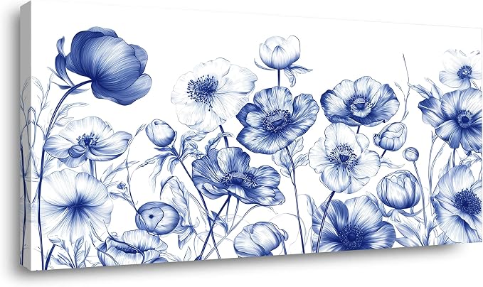 Ggaafet Navy Blue Sketch Flowers Wall Art for Living Room Canvas Oil Painting Prints Beautiful Floral Blooming Art Deco Pretty Artwork Office Bedroom Family Dining Room Decor Extra Large