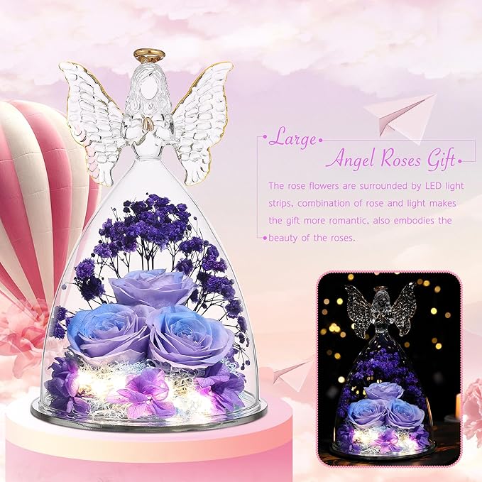 Mothers Day Rose Gifts for Women Preserved Real Flower in Glass Angel Figurines Roses for Delivery Prime Birthday Gifts for Mom Grandma Girlfriend Wife Her, BluePurple