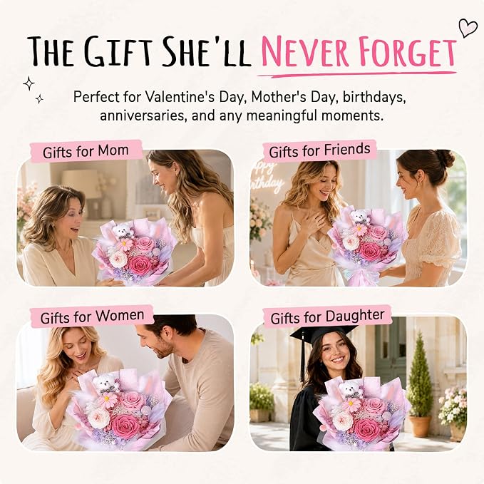 Preserved Flowers Bouquet with Bear, 3 Real Forever Flowers for Delivery, Long-Lasting Sweet Pink Eteranl Roses Bouquet, Anniversary Birthday Gifts for Women Mom Her Girlfriend Wife
