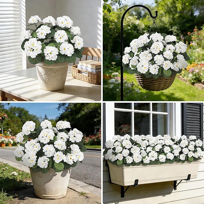 Ouddy Decor Artificial Geranium Flowers for Outdoors, Fake Silk Flowers UV Resistant Faux Geraniums for Vase Planter Garden Patio Balcony Porch Indoor Outdoor Spring Summer Home Decor, 6 Pcs White