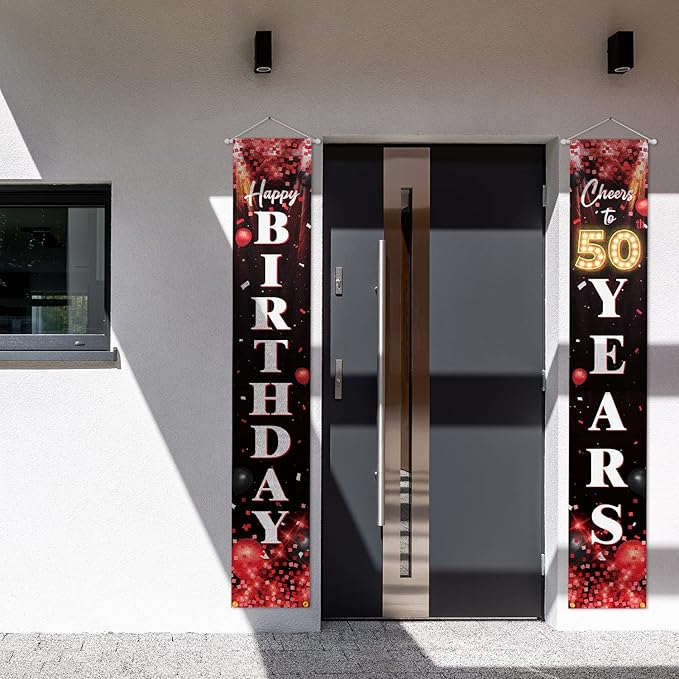 5665 Happy 50th Birthday Porch Sign Door Banner Decor Red and Black – Glitter Cheers to 50 Years Old Birthday Party Theme