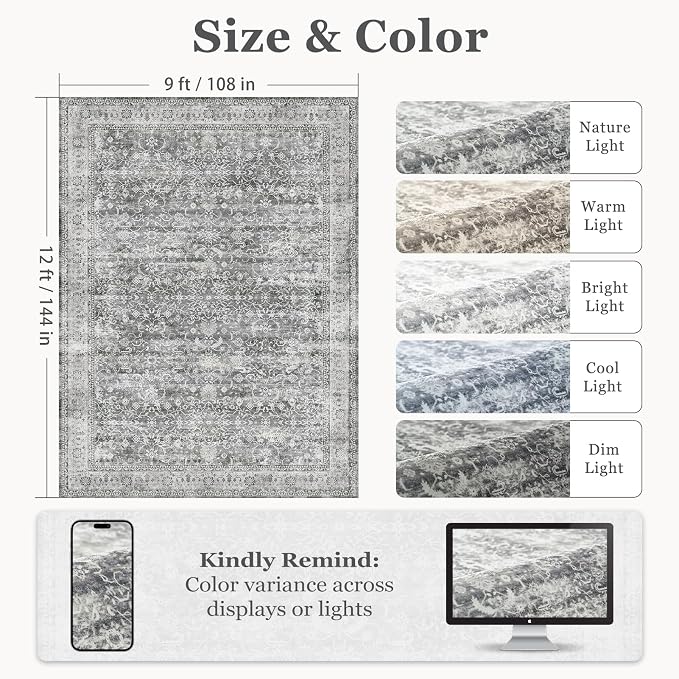 Vintage Neutral Large Area Rugs 9x12 for Living Room, Retro Grey Carpet Rug for Bedroom Dining Room, Washable Rug with Rubber Backing Low Pile Thin Soft for Family Room