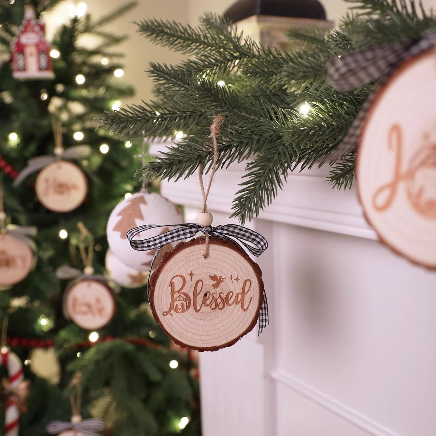 Nativity Christmas Ornaments - Set of 9 Buffalo Plaid Christmas Tree Ornaments Christian Wooden Ornament for Rustic Farmhouse Decorations Holiday Decor Religious Gift