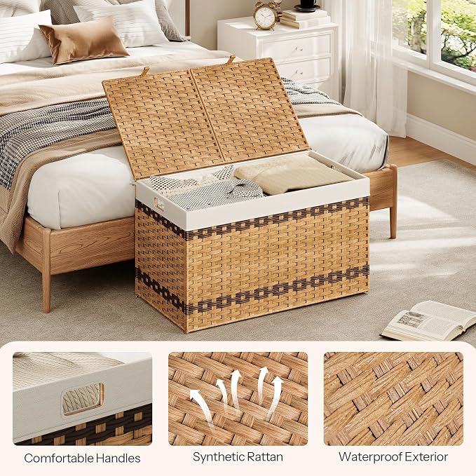 HOOBRO Storage Basket with Lid, 42.3 Gallon (160L) Wicker Storage Basket with 2 Separate Lid, Blanket Storage Bin with 2 Removable Liner Bags, for Bedroom, Laundry, Natural and Brown NL276CW01