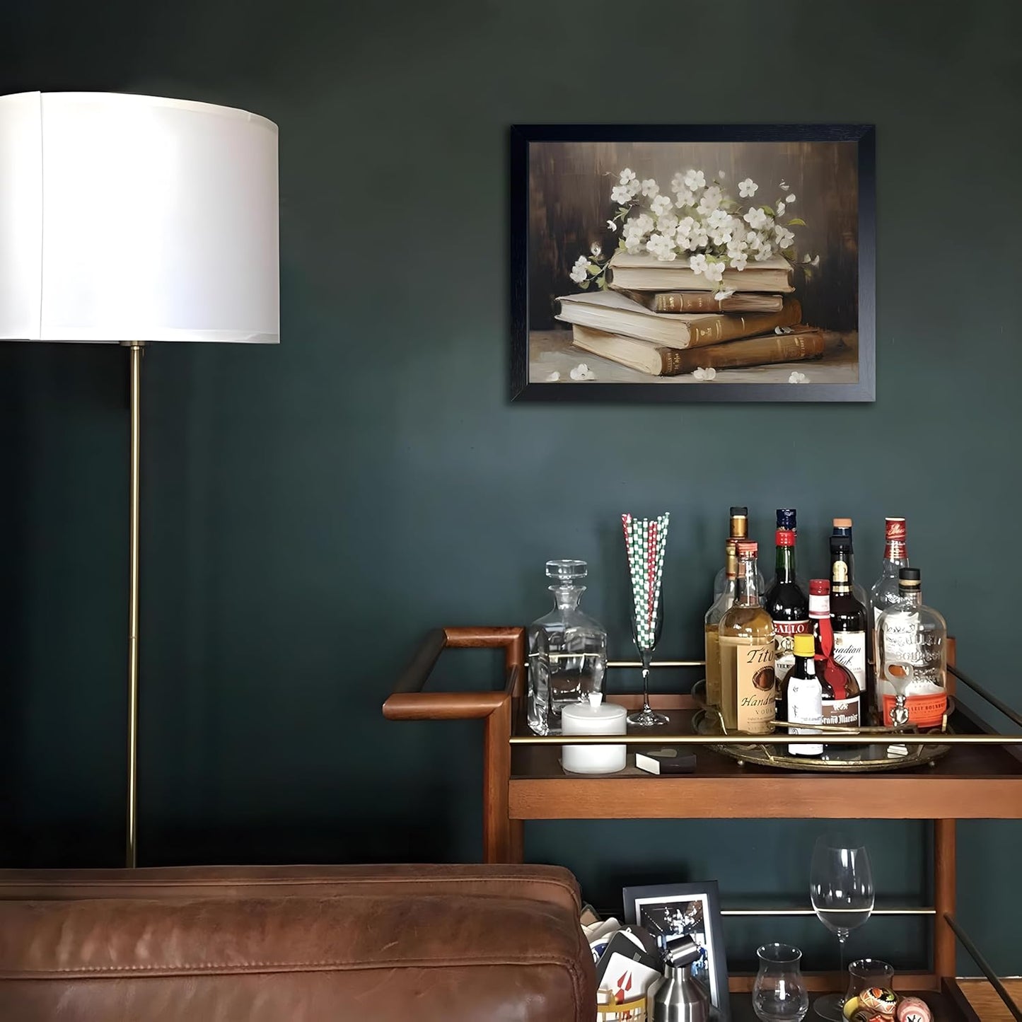 Wood Framed Canvas Poster Print Wall Art, Vintage Floral Book Wall Decor Oil Painting, Dark Academia Room Aesthetics Picture for Bathroom Classroom Dormitory room Decor 16x24 inch