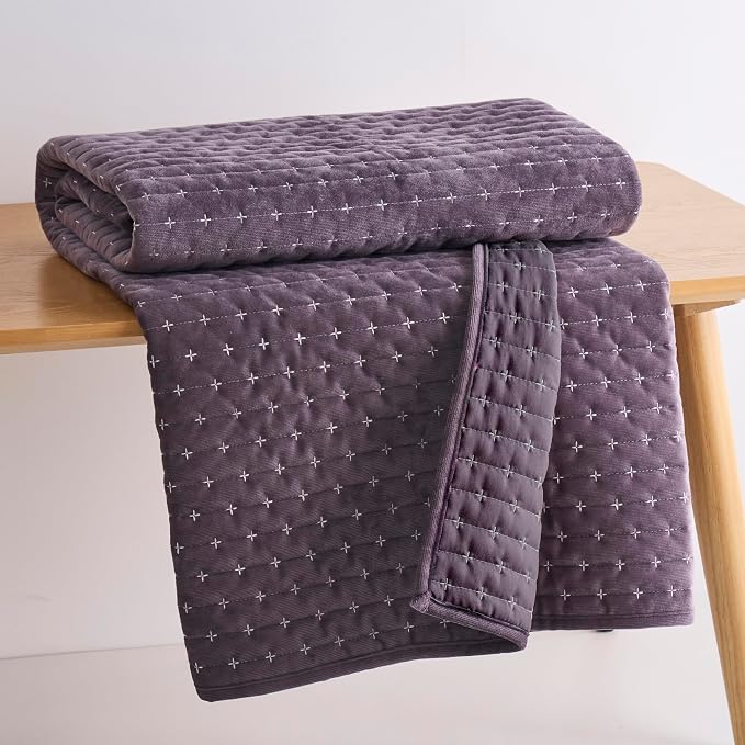 Levtex Home - Velvet Stitch - Throw - Cross Stitch Velvet - Plum with White - Quilt (50x60in.) and Sham 50x60in. - Polyester