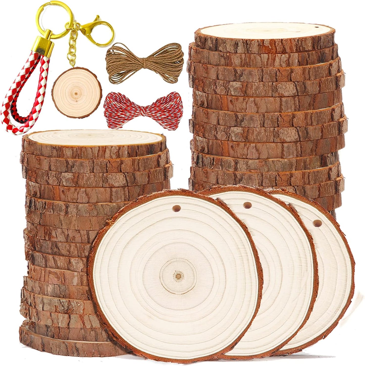 SENMUT Wood Slices 30 Pcs 3.5-4.0 inch Natural Rounds Unfinished Wooden Circles Christmas Wood Ornaments for Crafts Wood Kit Predrilled with Hole Wood Coasters, Craft Supplies for DIY and Painting
