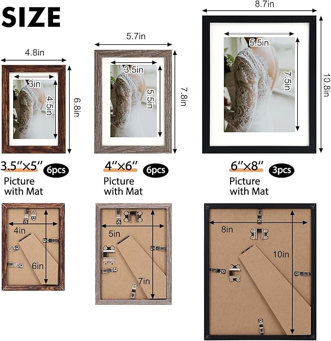 Fixwal Picture Frames Set, 15 Pack Wall Frame Set in 3 Different Finishes with Mat for Multiple Sizes Photos, Three 8x10, Six 5x7, Six 4x6 for Wall Gallery Decor, Hanging or Tabletop Display