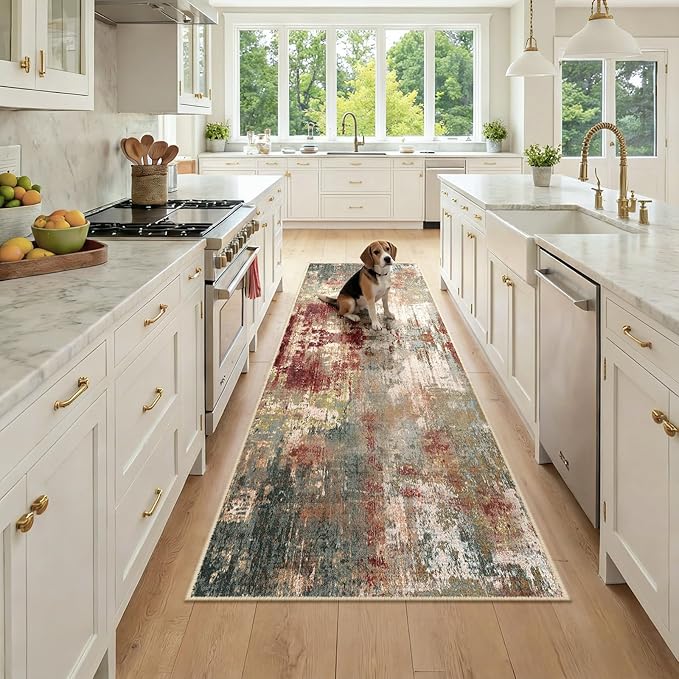 RELEANY Washable Area Rugs 2'6''x8 Non-Slip Modern Abstract Soft for Living Room Entryway Bedroom Nursery, Print Pattern, Brown Rust Red Green Blue Multi