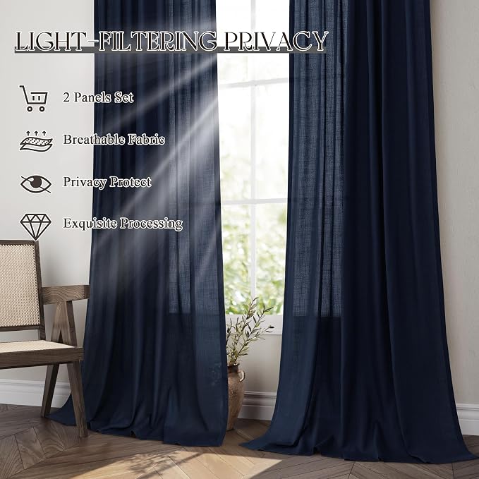 Jowels Navy Linen Curtains 102 Inch Long 2 Panels for Living Room | Navy Blue Light Filtering Semi Sheer Curtain,Back Tab Pocket Pleated Look,Boho Textured Privacy Drapes for Bedroom Window