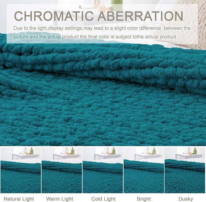 Chunky Knit Throw Blanket 60x80, 100% Handmade Chenille Yarn | 6.7lbs Soft Thick Cable Knitted Blankets, Large Rope Knot Crochet Throws for Couch Sofa Bed Machine Washable, Teal