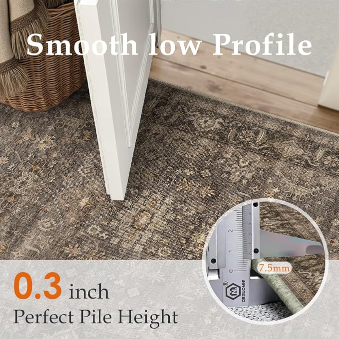 7x9 Washable Area Rug for Living Room Bedroom Vintage Brown Carpet Soft Low Pile Traditional Retro Non Slip Throw Rug for Dining Room Entryway Indoor Dorm Kitchen