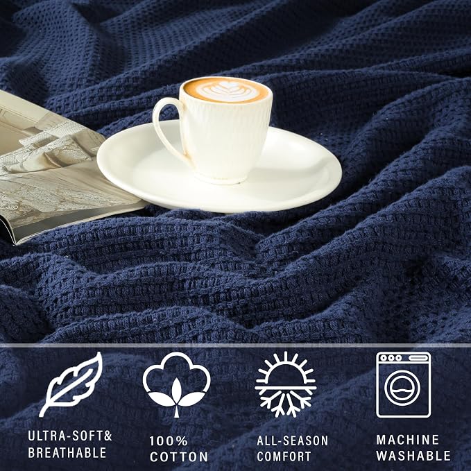 TreeWool Premium 100% Cotton Waffle Summer King Blanket (90"x108", Navy) | 420 GSM Breathable Lightweight Moisture Wicking Soft Knit Thermal Blanket for Bed or Sofa All-season Comfort Machine Washable