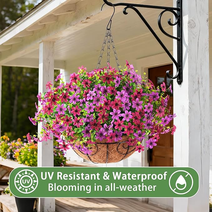 Artificial Flowers Fake Hanging Basket for Outdoor Spring Summer Decoration, 12 Bundles Faux Hanging Plants UV Resistant, Realistic Silk Flower for Outside Planters Porch Patio Balcony Yard Garden