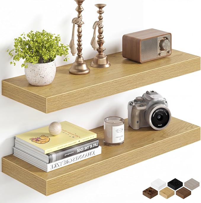 Fun Memories 24Inch Floating Shelves for Wall, 8 Inch Deep Shelves for Bathroom|Bedroom|Kitchen Wall Mounted, Wood Hanging Shelf with Invisible Brackets for Home Storage Decor, Oak - 2 Pack