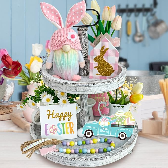 Easter Decorations, 5Pcs Easter Gnome Tiered Tray Decor, Glitter Easter Wood Signs, Truck Full of Eggs, Easter Bunny Gnome Plush, Spring Easter Bead Garland,Rustic Farmhouse Spring Easter Decor