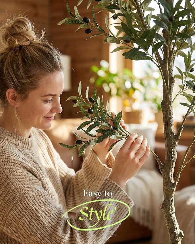 KOL 6ft Artificial Olive Tree Indoor, Tall Faux Olive Trees, Lifelike Fake Olive Tree Floor Plant for Home Office Living Room Decor with Matte Beige Pot