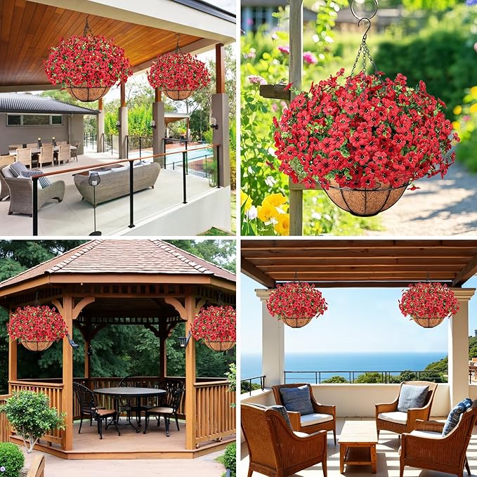 Ouddy Decor Artificial Hanging Flowers with Basket, Fake Hanging Plants with Faux Silk Flowers UV Resistant for Outdoors Indoors Spring Summer Porch Patio Balcony Yard Home Decorations, Red