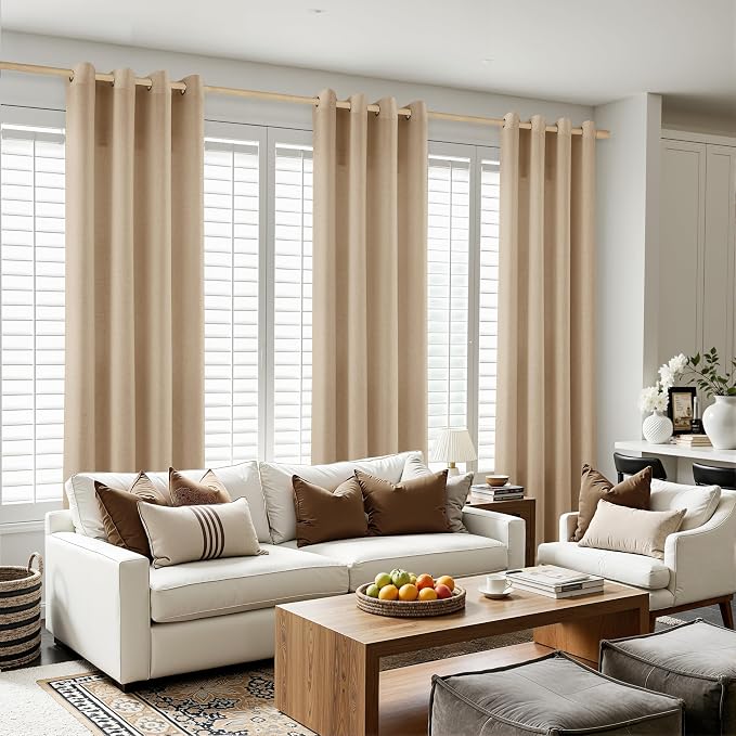 Aersas Sand Beige 90 Inches Long Grommet Linen Curtains 2 Panels Set for Living Room Dining Semi Sheer Light Filtering Boho Farmhouse 90 Inch Length Window Curtain for Bedroom 52x90