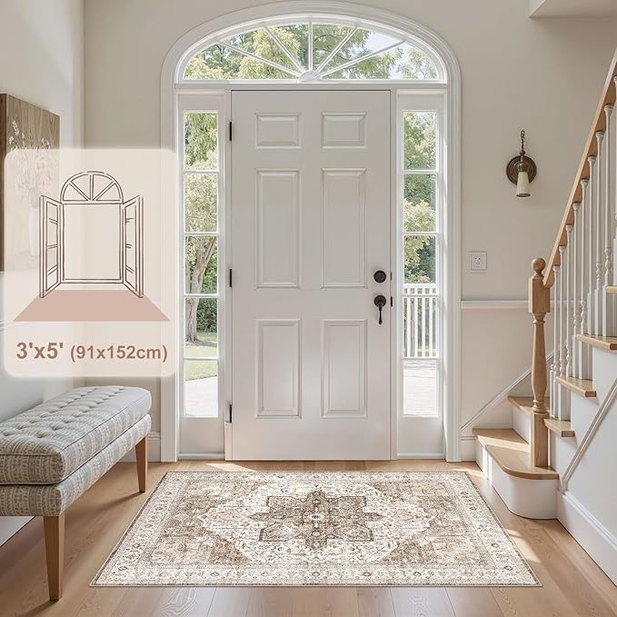 Tortania Area Rug Living Room Rugs - 3x5 Washable Rug Vintage Oriental Distressed Farmhouse Small Thin Indoor Carpet for Living Room Bedroom Under Dining Table Home Office - Brown