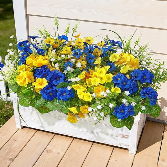 16 Bundles Artificial Flowers for Outdoors, UV Resistant Silk Faux Flowers for Outside Planters,Garden,Porch,Patio,Yard,Home Decor(Blue&Yellow)