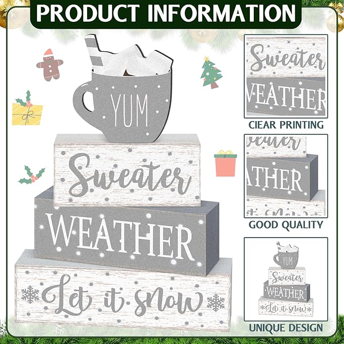 Marsui 4 Pcs Winter Christmas Wooden Tabletop Decor Rustic Wooden Hot Cocoa Block Sign Gift Farmhouse Xmas Tiered Tray Decor Let It Snow Table Centerpiece Winter Decorations for Home Office Desk Shelf