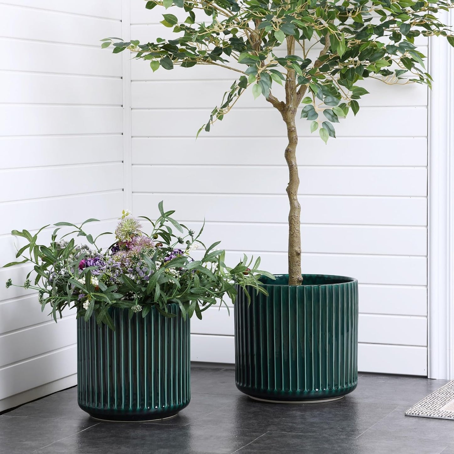 LuxenHome 11" Dia Jade Green Glazed Ceramic Planters, Large Outdoor Indoor Plant Pots with Drainage Hole and Rubber Plug, Modern Round Ribbed Flower Pots Planters for Home Garden Patio Office