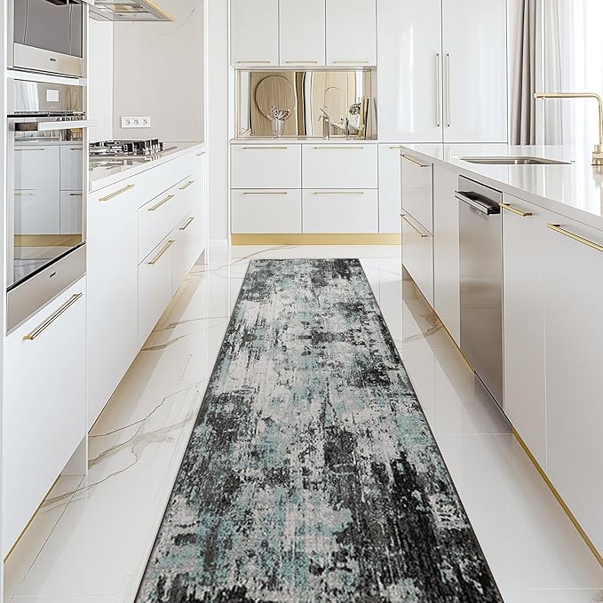 RELEANY Washable Area Rugs 2'x10' Non-Slip Modern Abstract Soft for Living Room Entryway Bedroom Nursery, Print Pattern, Blue Black Teal