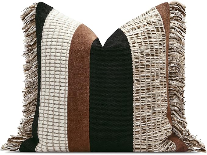 Black Boho Throw Pillow Covers 20x20 inch | Modern Accent Square Pillows Cover for Couch Bed Living Room Decorative