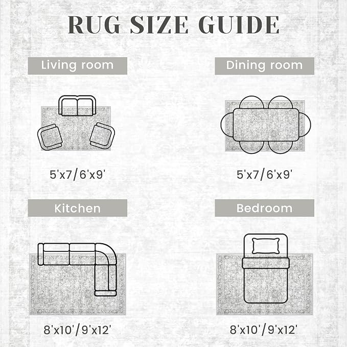 9x12 Area Rugs for Living Room: Washable Large Vintage Floral Rug Low Pile Non-Slip Boho Carpet for Bedroom Dining Home Office (Grey, 9'x12')