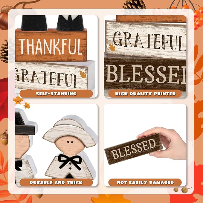 Lineshading 4 Pcs Thanksgiving Table Decoration Wooden Pilgrim Couple Decor Thanksgiving Tiered Tray Decor Fall Centerpiece Rustic Decorative Pilgrim Block Signs Gift Farmhouse for Home Kitchen